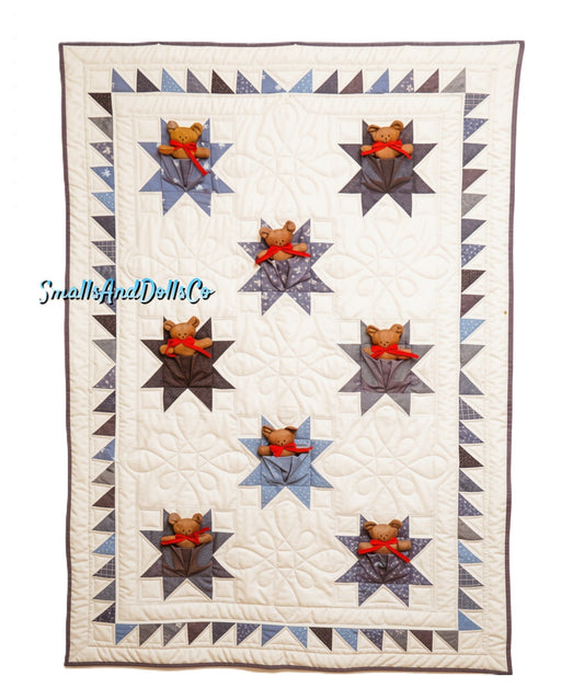 Vintage Sewing Pattern Denim Teddy Bear Pockets Quilt or Wall Hanging PDF Instant Digital Download Quilted Star Teddies Crib Twin Blanket