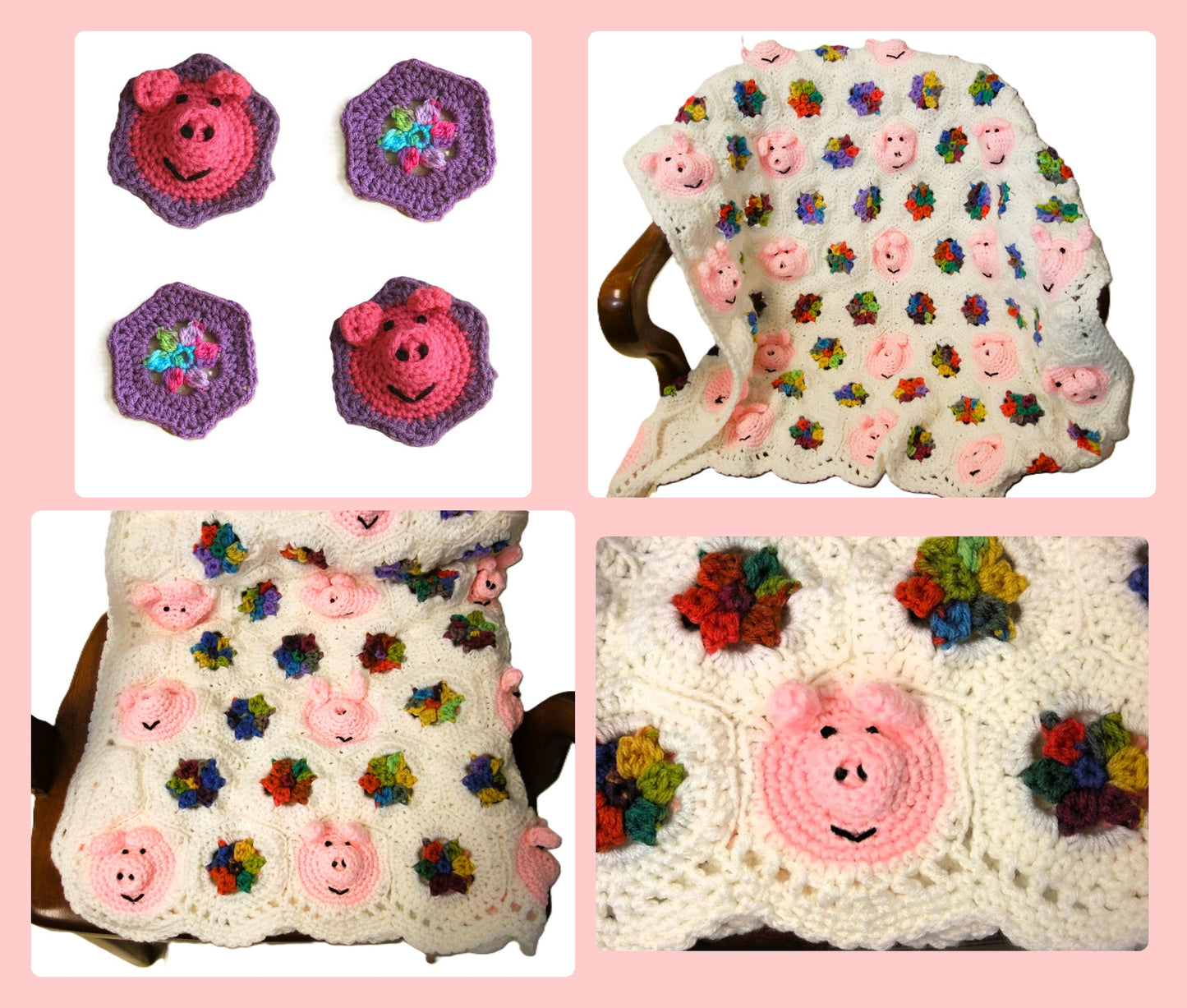 Vintage Crochet Pattern Pigs & Posies Afghan Kids Toddler PDF Instant Digital Download Piggy Faces Motifs Flower Granny Square Blanket 43x60