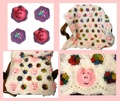 Vintage Crochet Pattern Pigs & Posies Afghan Kids Toddler PDF Instant Digital Download Piggy Faces Motifs Flower Granny Square Blanket 43x60