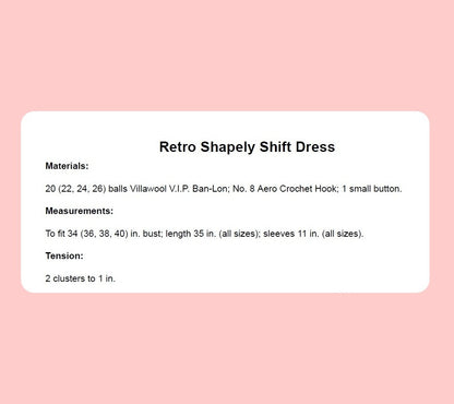 Vintage Crochet Pattern Womens Simple Classic Shapely Shift Dress PDF Instant Digital Download DK 8 Ply