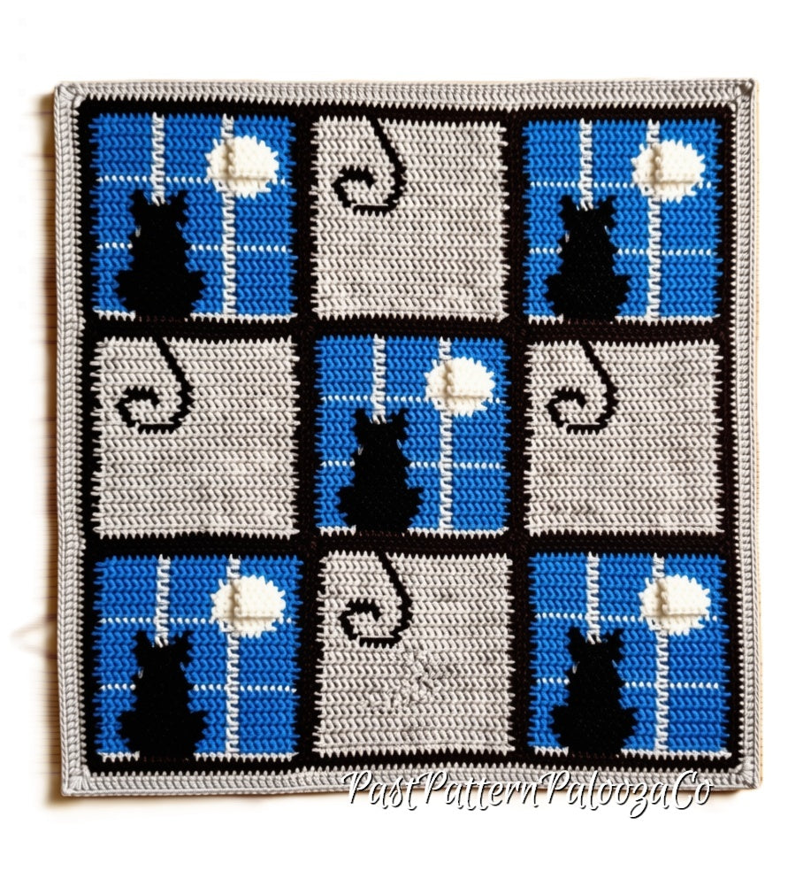 Vintage Crochet Cat In The Window Afghan & Pillow Pattern PDF Instant Digital Download Black Cats Moonlight Windows Motif Square Blanket