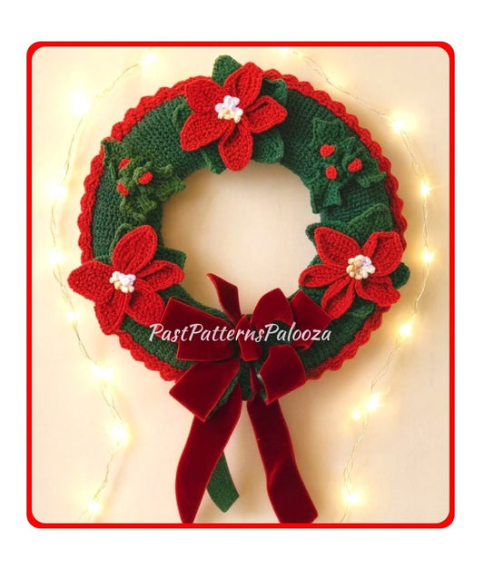 Vintage Crochet Pattern 24" Pretty Poinsettia Holly Berries Christmas Wreath PDF Instant Digital Download Holiday Door Wall Hanging 4 Ply
