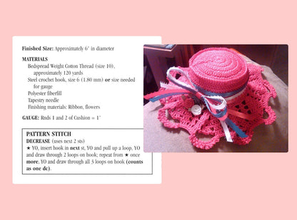 Vintage Crochet Pattern 6" Dainty Pincushion Bonnet Hat PDF Instant Digital Download Cotton Thread Pretty Springtime Sewing Notion