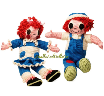 Vintage Crochet Pattern 20" Classic Raggedy Ann & Andy Rag Dolls PDF Instant Digital Download Cute Amigurumi Soft Toy Dolls 10 Ply