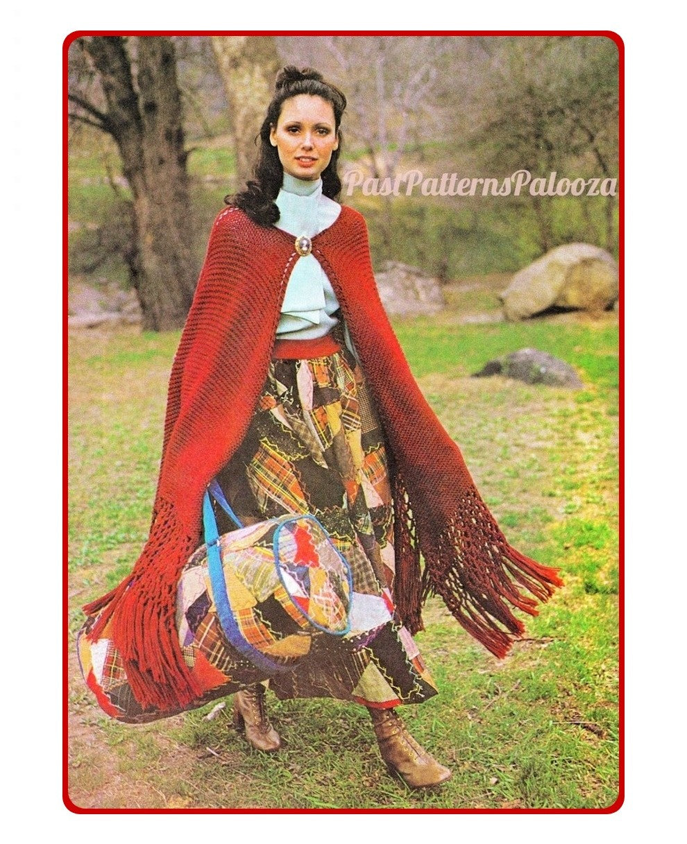 Vintage Knitting Pattern Womens Boho Garter Stitch Maxi Cape PDF Instant Digital Download Retro Fringed Shawl Cloak 10 Ply One Size