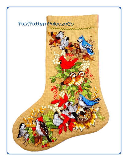 Vintage Cross Stitch Pattern 16" Heirloom Winter Forest Birds Christmas Stocking PDF Instant Digital Download Partridge Cardinal Blue Jay