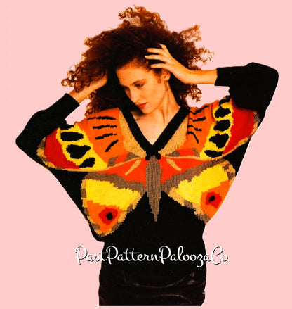 Vintage Knitting Pattern Womens V Shaped Butterfly Motif Sweater PDF Instant Digital Download Retro 80s Dolman Sleeved Pullover Jumper