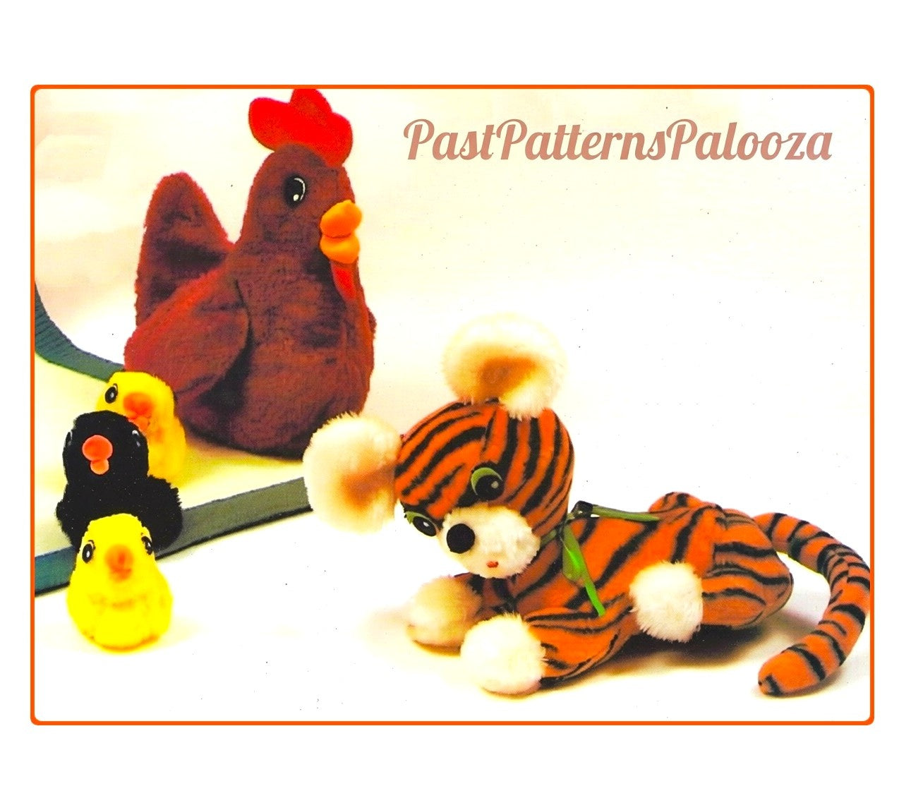 Vintage Sewing Pattern 16" Tiger 14" Chicken Hen with Chicks Soft Sculpture Toys PDF Instant Digital Download Plush Retro Stuffed Animals