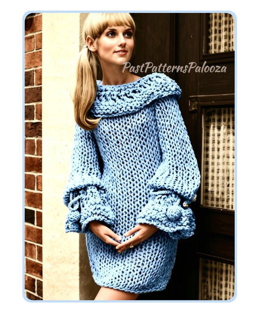 Vintage Knitting Pattern Womens Cape Collar Mini Dress Retro 1968 Boho Bell Sleeves PDF Instant Digital Download Mod Dress Big Needle Knits