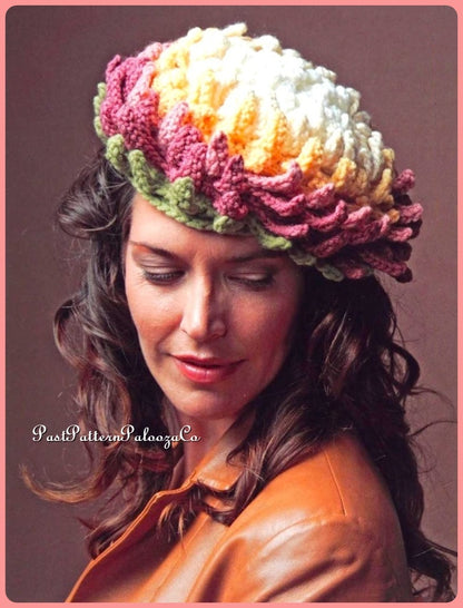 Vintage Crochet Pattern Womens Blooming Blossom Flower Beret Hat PDF Instant Digital Download Fun Novelty Full Bloom Chrysanthemum Tam