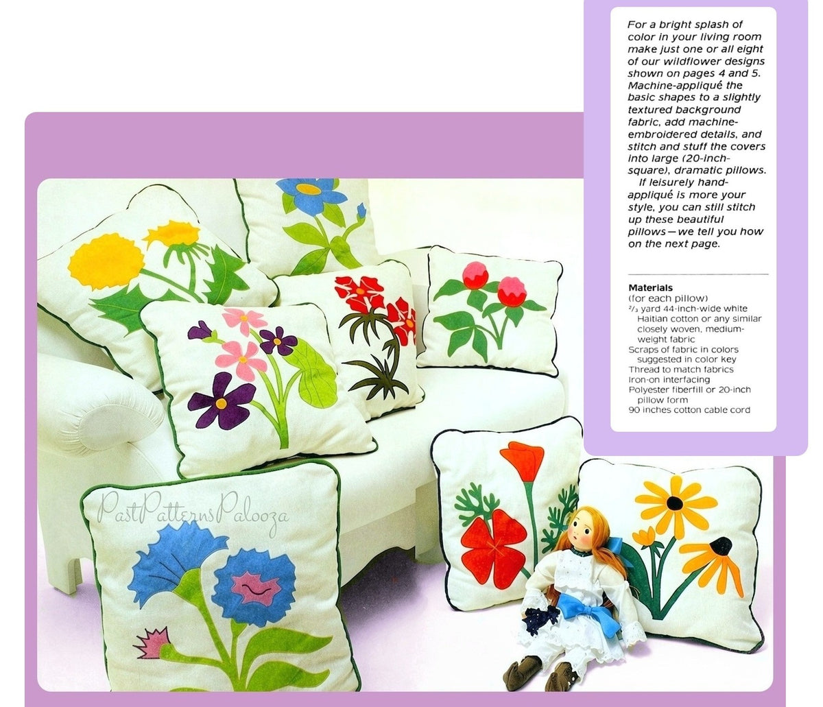 Vintage Sewing Pattern 20" Wildflower Applique Pillows 8 Floral Designs PDF Instant Digital Download