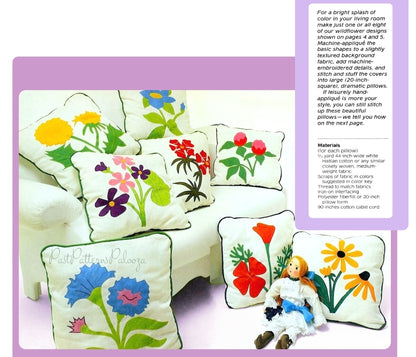 Vintage Sewing Pattern 20" Wildflower Applique Pillows 8 Floral Designs PDF Instant Digital Download