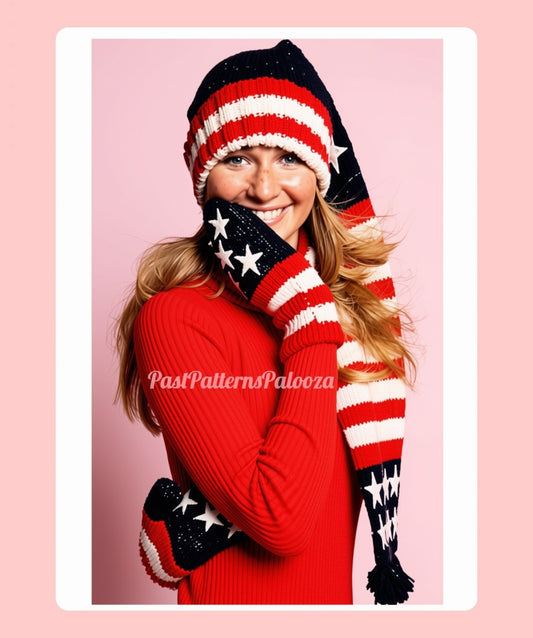 Vintage Knitting Pattern Womens Patriotic Stars Stripes Hat Mittens Set PDF Instant Digital Download Stocking Scarf-Hat 10 Ply