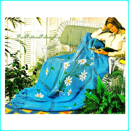 Vintage Crochet Afghan Pattern Daisies Flowers Blanket Tunisian Stitch PDF Instant Digital Download Embroidered Floral Motif Design