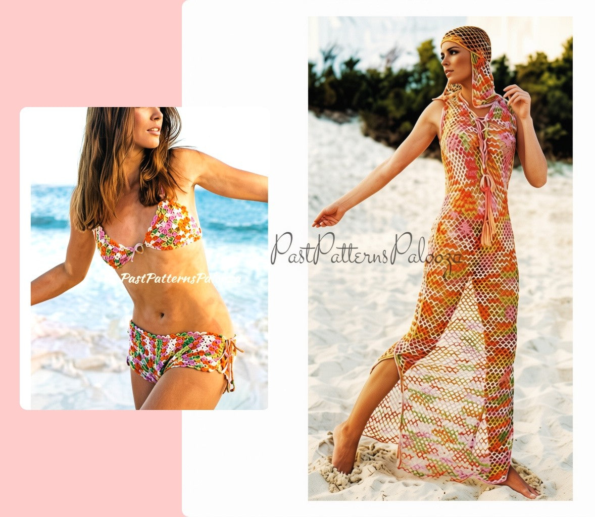 Vintage Crochet Pattern Beach Goddess Set Bikini Maxi Dress Cover Up Headpiece PDF Instant Digital Download 70s Boho Lace Mesh Shell Stitch