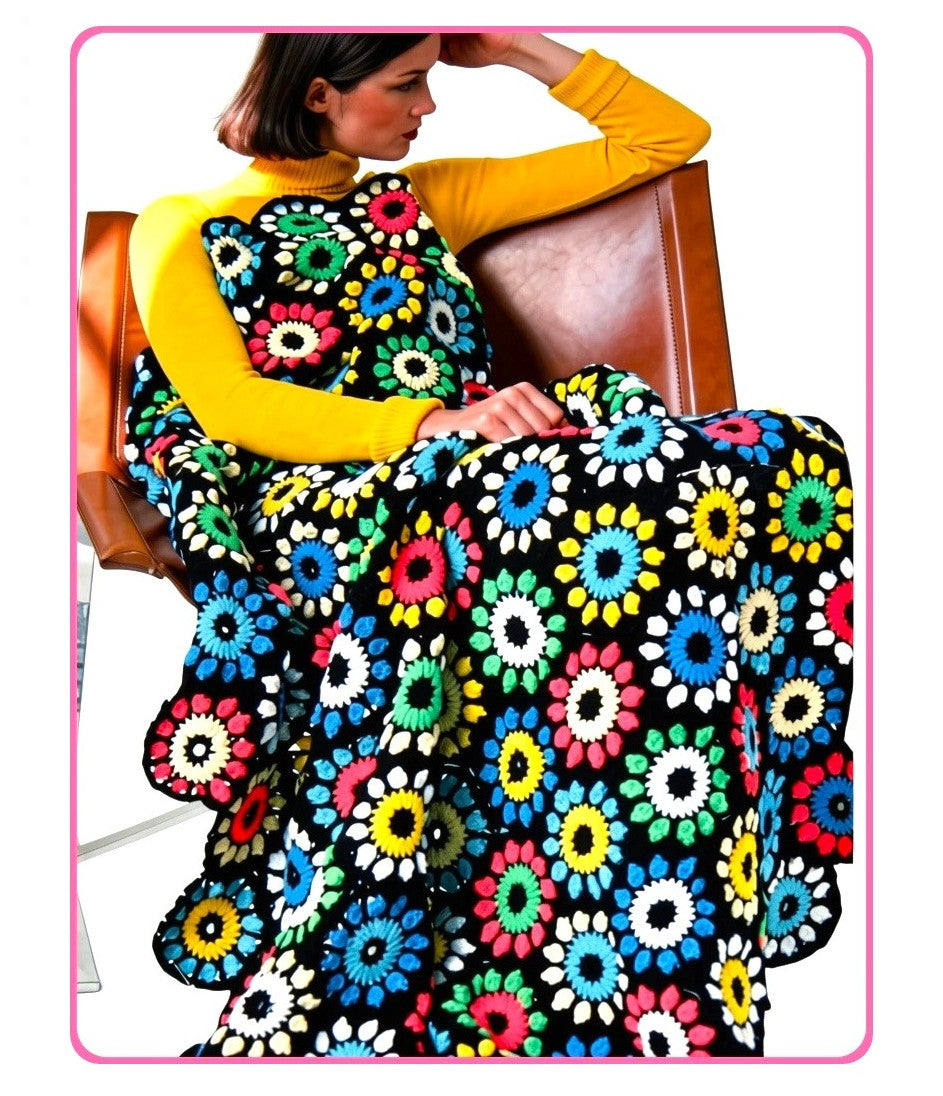Vintage Crochet Pattern Jewel Flower Granny Square Afghan Blanket PDF Instant Digital Download 1970s Boho Floral Motif Throw 10 Ply