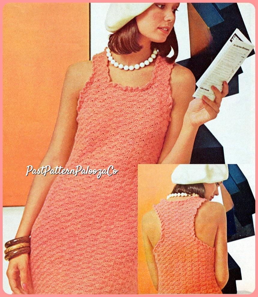 Vintage Crochet Pattern Womens Apricot Shells Midi Dinner Dress PDF Instant Digital Download Retro Ruffle Edge Gown '60s Glam 5 Ply