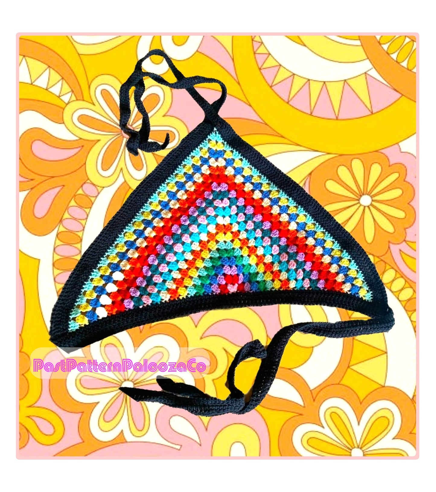 Vintage Crochet Pattern Womens Retro Triangle Halter Neck Top PDF Instant Digital Download Hippie Disco Festival Groovy Boho Summer Rainbow