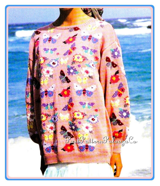 Vintage Knitting Pattern Womens Butterflies & Flowers Fair Isle Sweater PDF Instant Digital Download Pretty Floral Butterfly Jumper 4 Ply