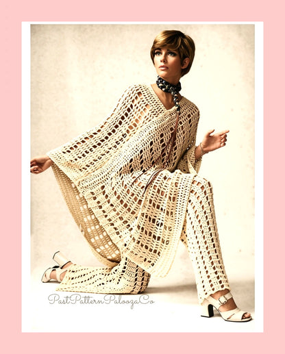 Vintage Crochet Pattern Womens Lacy Poncho and Pants Outfit Set PDF Instant Digital Download 1970s Bohemian Boho Hippie Chic 12 Ply
