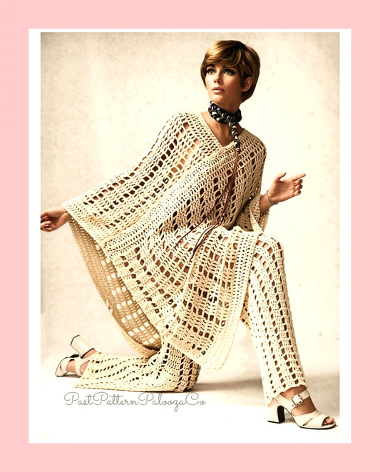 Vintage Crochet Pattern Womens Lacy Poncho and Pants Outfit Set PDF Instant Digital Download 1970s Bohemian Boho Hippie Chic 12 Ply
