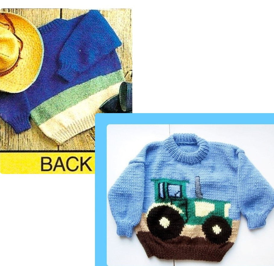 Vintage Knitting Pattern Knit Kids Boys Tractor Sweater PDF Instant Digital Download Toddler to Big Boy Yellow Green Farm Pullover 2-8 yrs