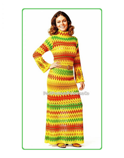 Vintage Knitting Pattern Womens Fireside Jacquard Maxi Dress PDF Instant Digital Download Boho Retro 70s Groovy Gown
