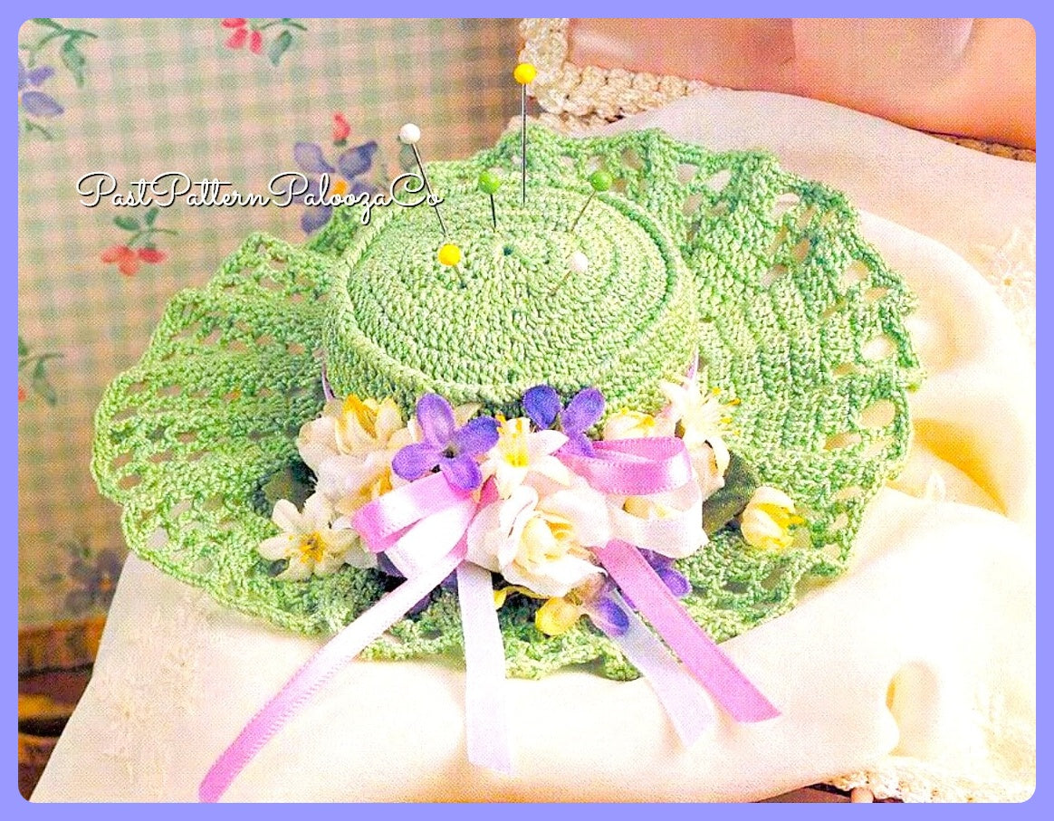 Vintage Crochet Pattern 6" Dainty Pincushion Bonnet Hat PDF Instant Digital Download Cotton Thread Pretty Springtime Sewing Notion