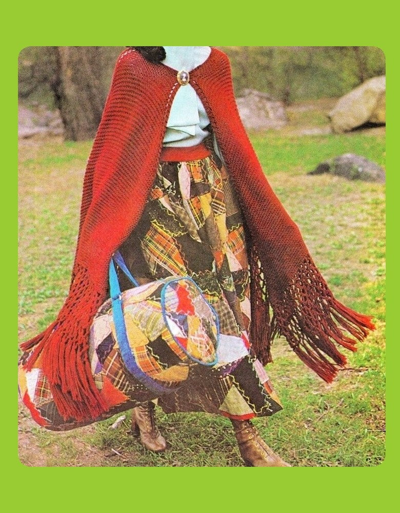 Vintage Knitting Pattern Womens Boho Garter Stitch Maxi Cape PDF Instant Digital Download Retro Fringed Shawl Cloak 10 Ply One Size