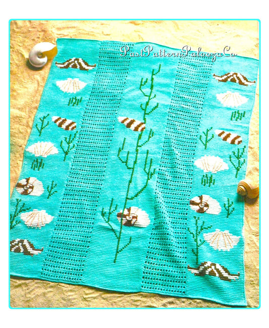 Vintage Crochet Afghan Pattern Seashells & Seaweed Blanket Tunisian Stitch PDF Instant Digital Download Shell Motif Beach Ocean Design