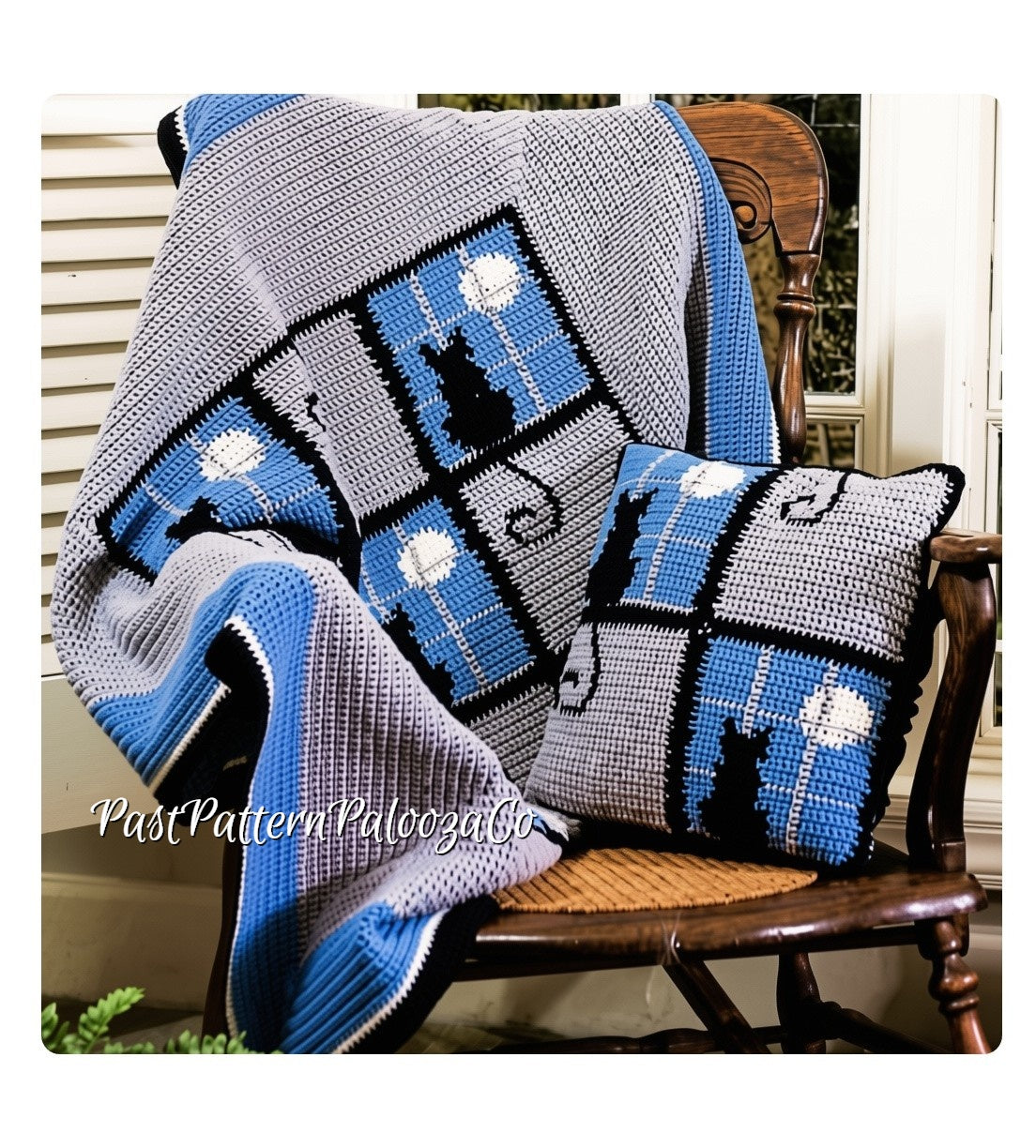 Vintage Crochet Cat In The Window Afghan & Pillow Pattern PDF Instant Digital Download Black Cats Moonlight Windows Motif Square Blanket