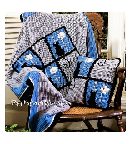 Vintage Crochet Cat In The Window Afghan & Pillow Pattern PDF Instant Digital Download Black Cats Moonlight Windows Motif Square Blanket
