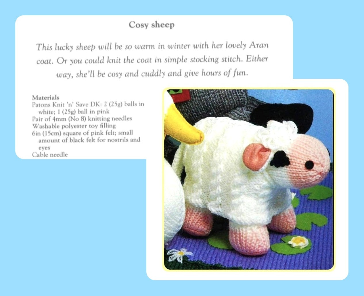 Vintage Knitting Pattern 12" Cosy Aran Cabled Sheep Soft Toy Doll PDF Instant Digital Download Lamb Ewe DK