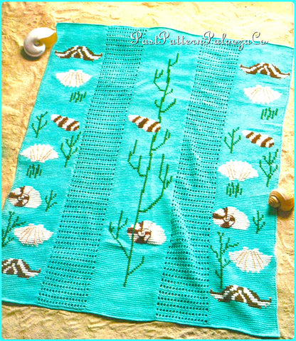 Vintage Crochet Afghan Pattern Seashells & Seaweed Blanket Tunisian Stitch PDF Instant Digital Download Shell Motif Beach Ocean Design