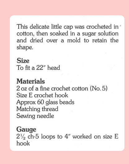 Vintage Crochet Pattern Womens Beaded Juliet Cap Net Style Hat PDF Instant Digital Download Glass Beads Cotton Thread