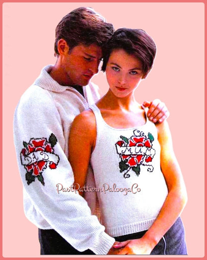 Vintage Knitting Pattern Womens Mens Tattoo Motif Sweater Jacket & Tank Top PDF Instant Digital Download Fun Novelty Roses Dagger Tatts Tops
