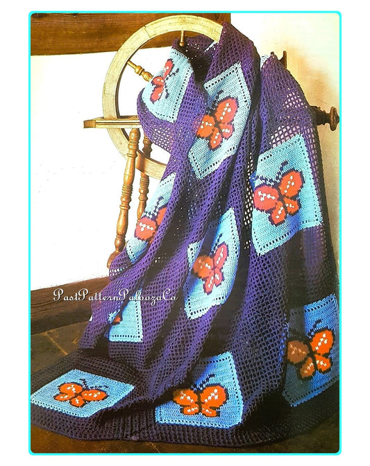 Vintage Crochet Pattern Retro Butterfly Squares Afghan PDF Instant Digital Download Net Filet Throw Butterflies Blanket 49x66 5 Ply