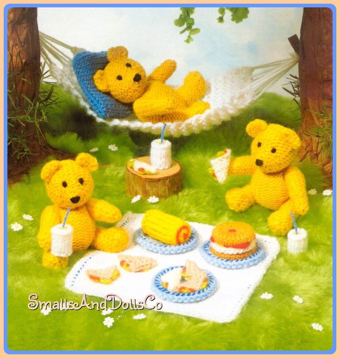 Vintage Knitting Pattern 4" Mini Teddy Bears Picnic Soft Toy Doll and Food Set PDF Instant Digital Download Miniature Jointed Teddies DK