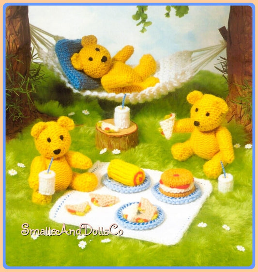 Vintage Knitting Pattern 4" Mini Teddy Bears Picnic Soft Toy Doll and Food Set PDF Instant Digital Download Miniature Jointed Teddies DK