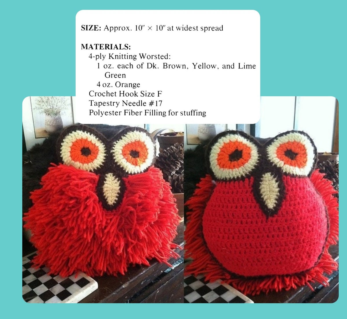 Vintage Crochet Pattern 10" Boho Mod Owl Pillow PDF Instant Digital Download Retro 70s Owl Cushion Double Sided 4 Ply