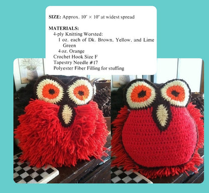 Vintage Crochet Pattern 10" Boho Mod Owl Pillow PDF Instant Digital Download Retro 70s Owl Cushion Double Sided 4 Ply