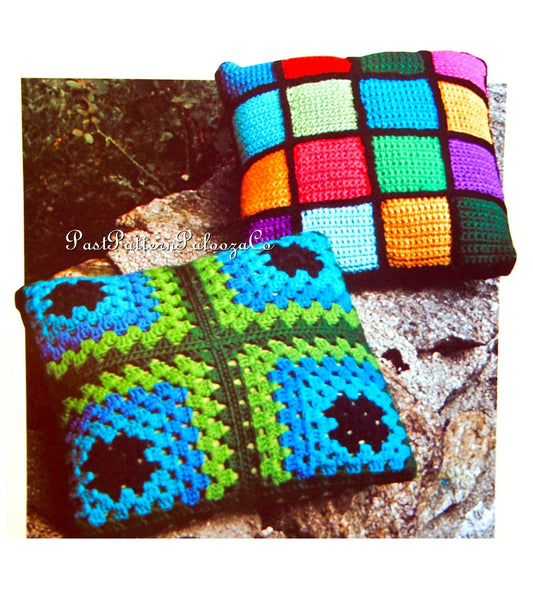 Vintage Crochet Pattern Granny Square Pillows Retro Boho Throw Cushions PDF Instant Digital Download Fun Home Decor Scrap Yarn Project