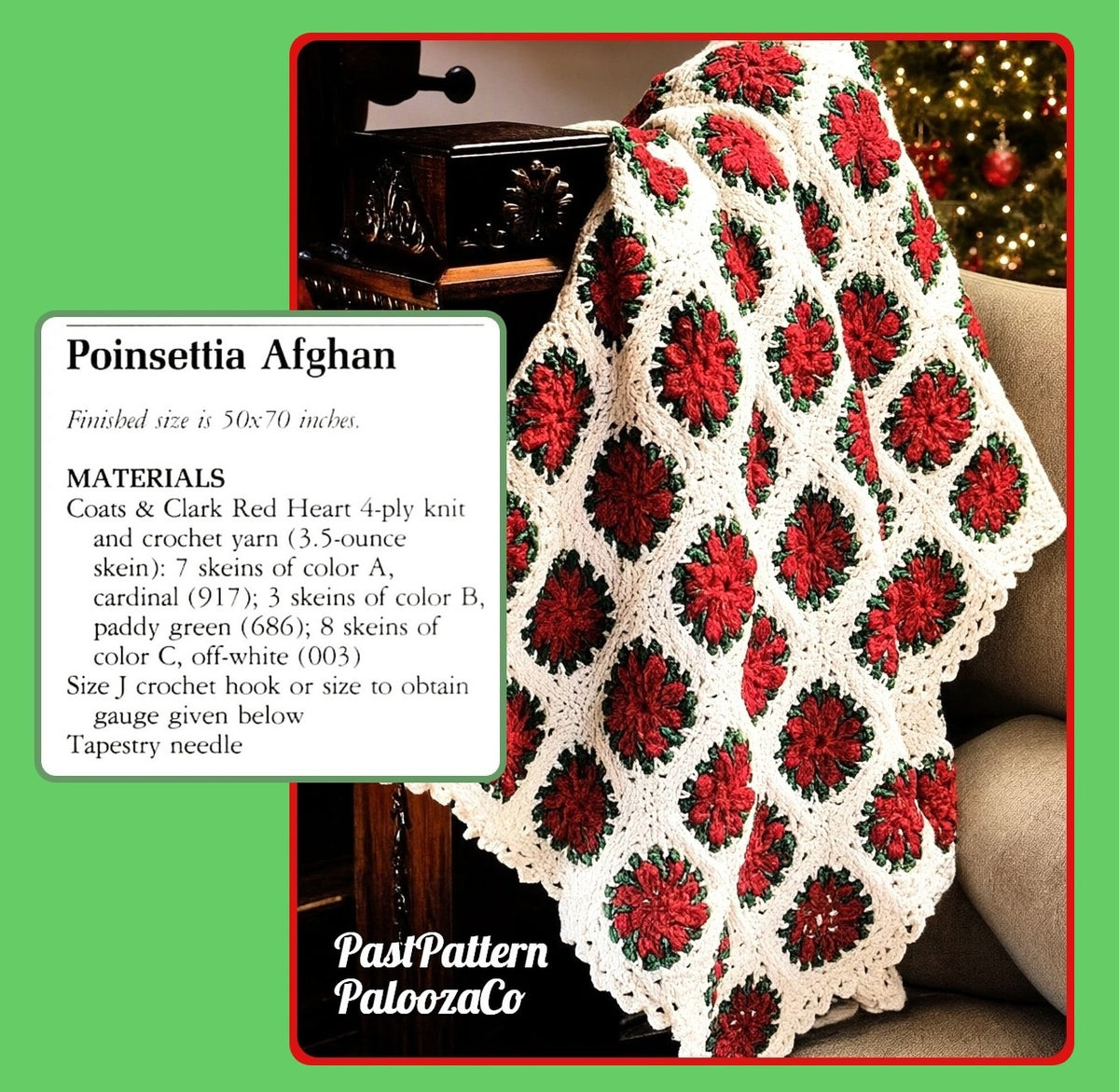 Vintage Crochet Pattern Christmas Poinsettia Flower Afghan Granny Squares PDF Instant Digital Download Holiday Throw Blanket 4 Ply