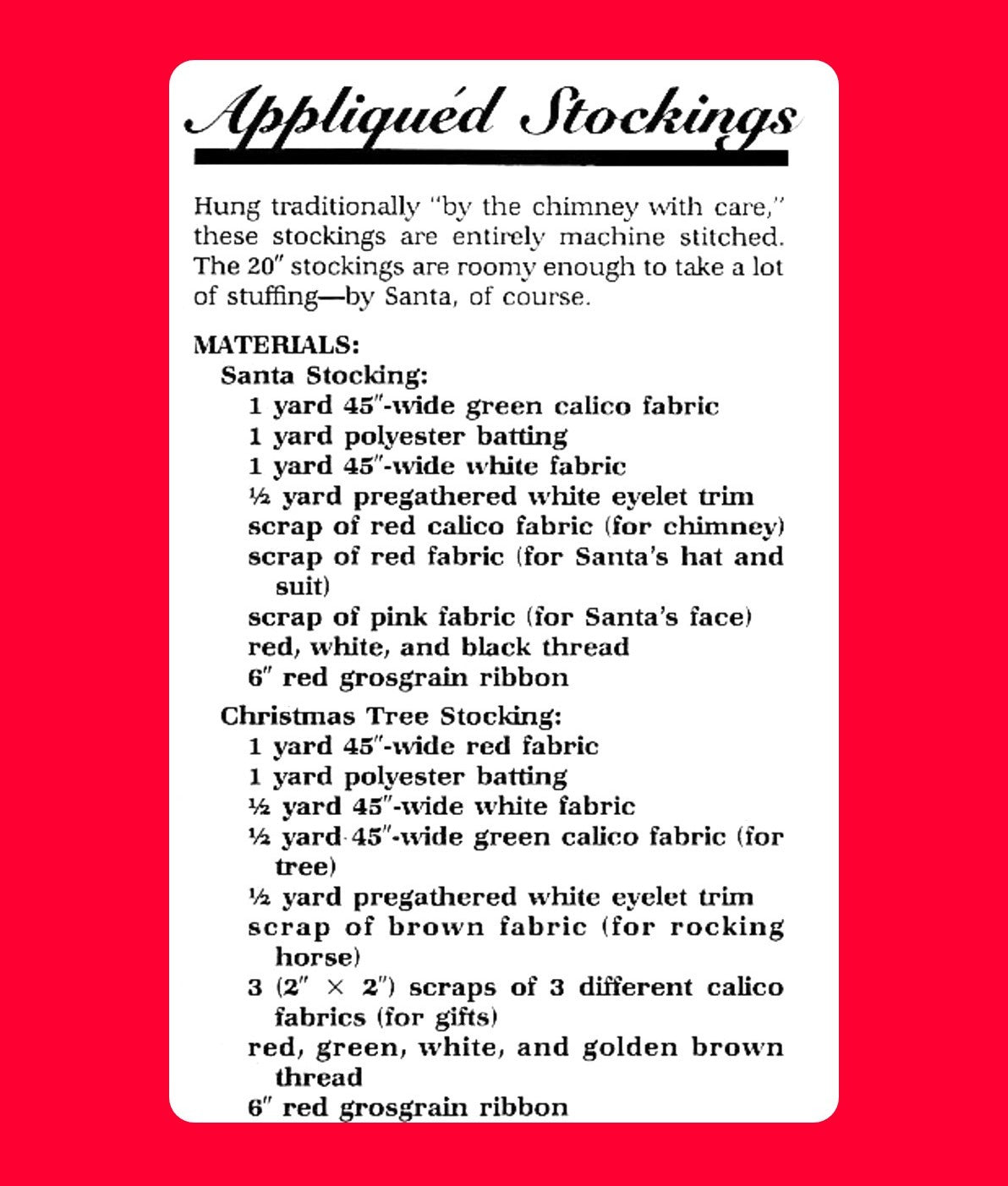 Vintage Calico Appliqued Christmas Stockings Sewing Pattern PDF Instant Digital Download Santa & Tree Designs 20 inch