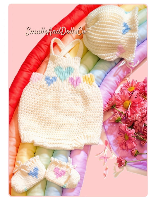 Vintage Crochet Pattern Baby Summer Romper Set Hearts Bubble Romper Bonnet Booties Outfit PDF Instant Digital Download 0-6 months 5 Ply