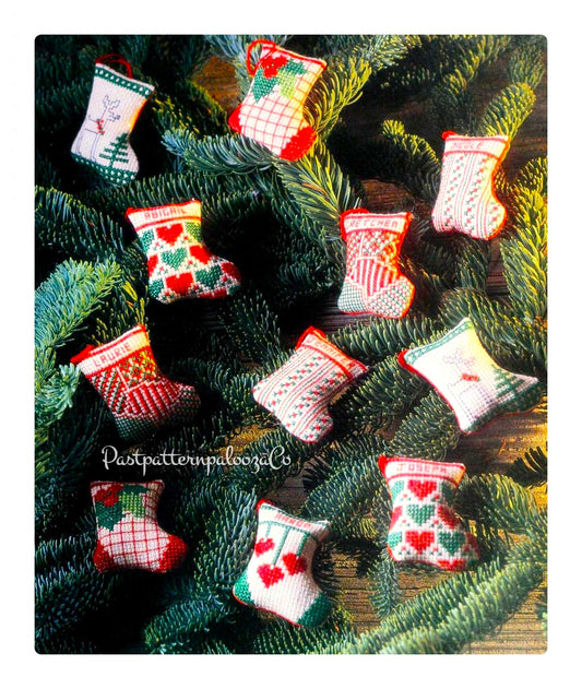 Vintage Cross Stitch Patterns 2" Mini Christmas Ornament Stuffed Stockings PDF Instant Digital Download 6 Folk Art Country Holiday Designs