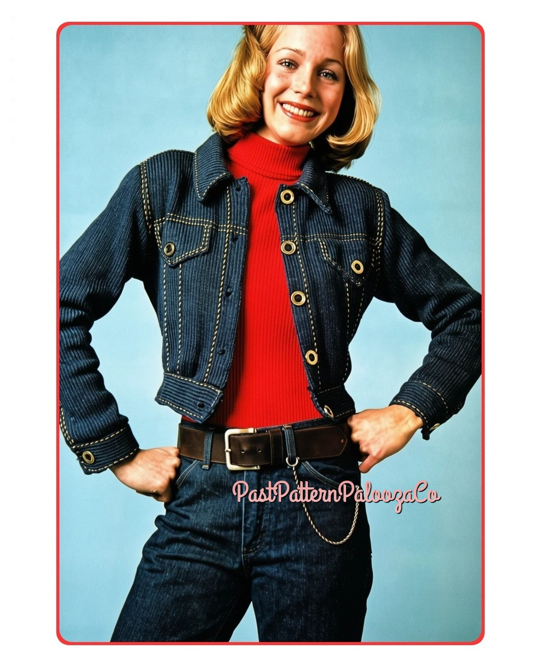 Vintage Knitting Pattern Womens Teens Faux Denim Jean Jacket PDF Instant Digital Download Cute Retro Stitched Denim-Look Top