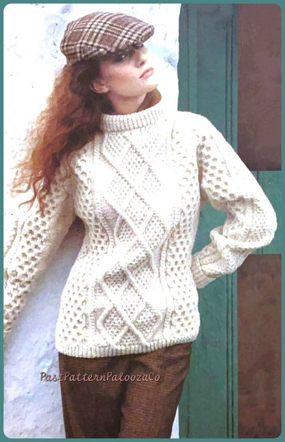 Vintage Knitting Pattern Aran Irish Pullover Sweater PDF Instant Digital Download Trellis Cabled Front Womens Mens