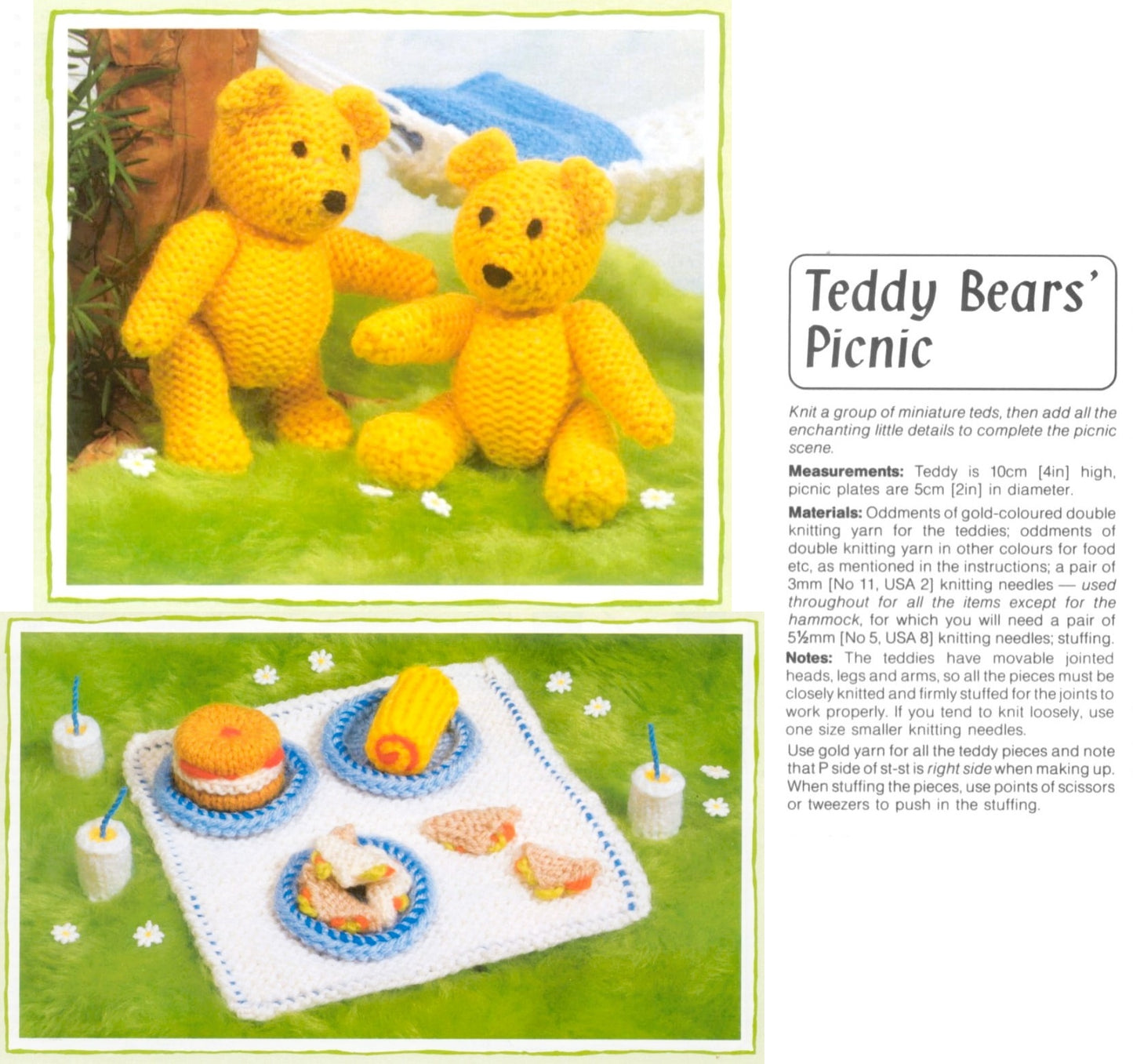Vintage Knitting Pattern 4" Mini Teddy Bears Picnic Soft Toy Doll and Food Set PDF Instant Digital Download Miniature Jointed Teddies DK