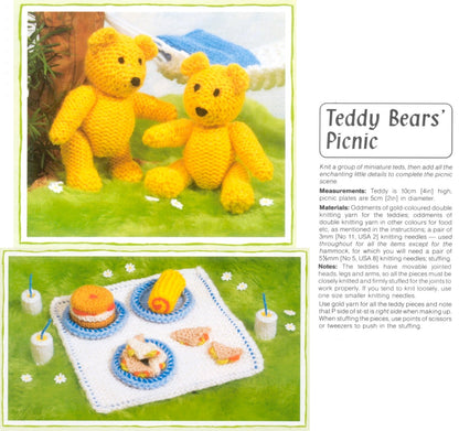 Vintage Knitting Pattern 4" Mini Teddy Bears Picnic Soft Toy Doll and Food Set PDF Instant Digital Download Miniature Jointed Teddies DK